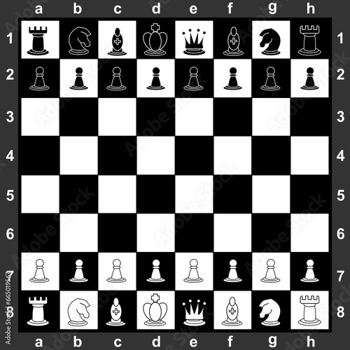 Vector art with black and white chessboard with all pieces, art, drawing.