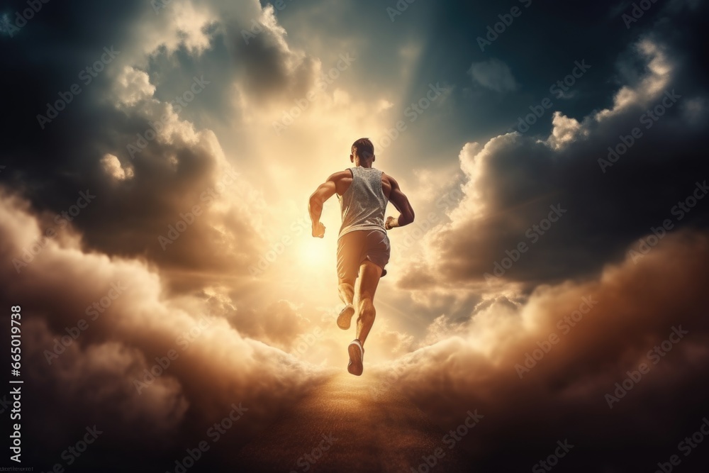 Man Running on Road with Clouds in Background Man Running on Road with Clouds in Background