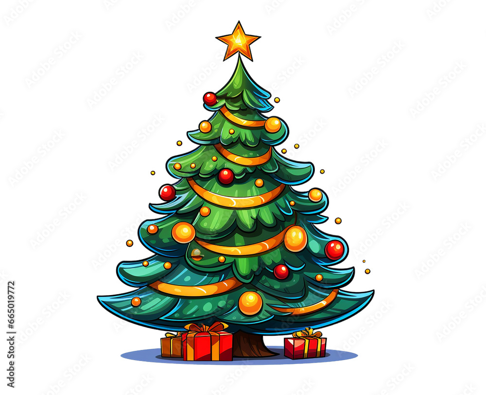 Christmas tree illustration on transparent background. Generative AI.
