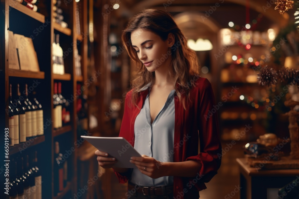 Woman Looking at Tablet in Wine Store Woman Looking at Tablet in Wine Store