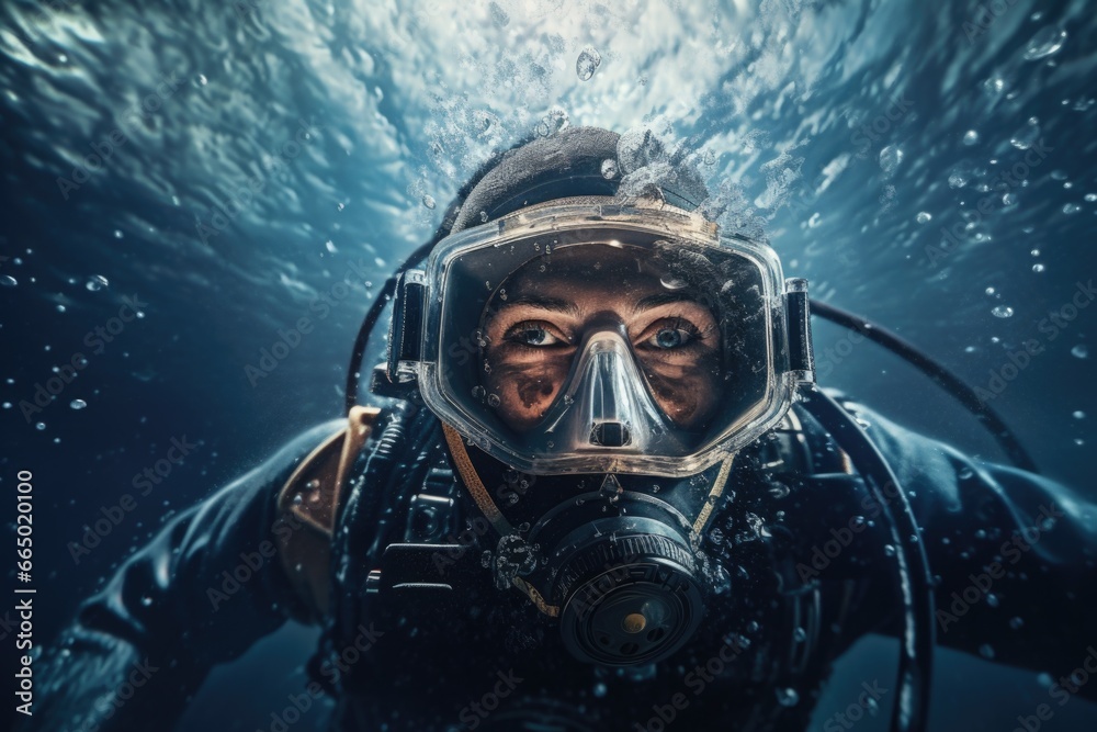 Underwater Man with Gas Mask Underwater Man with Gas Mask