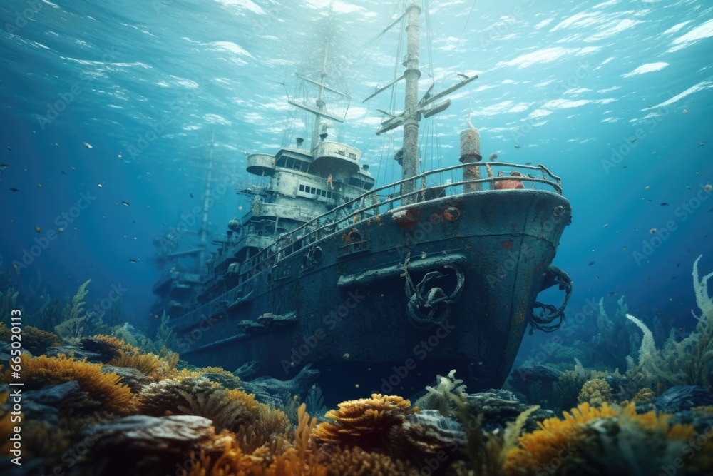 Old Ship Surrounded by Coral in the Ocean Old Ship Surrounded by Coral in the Ocean