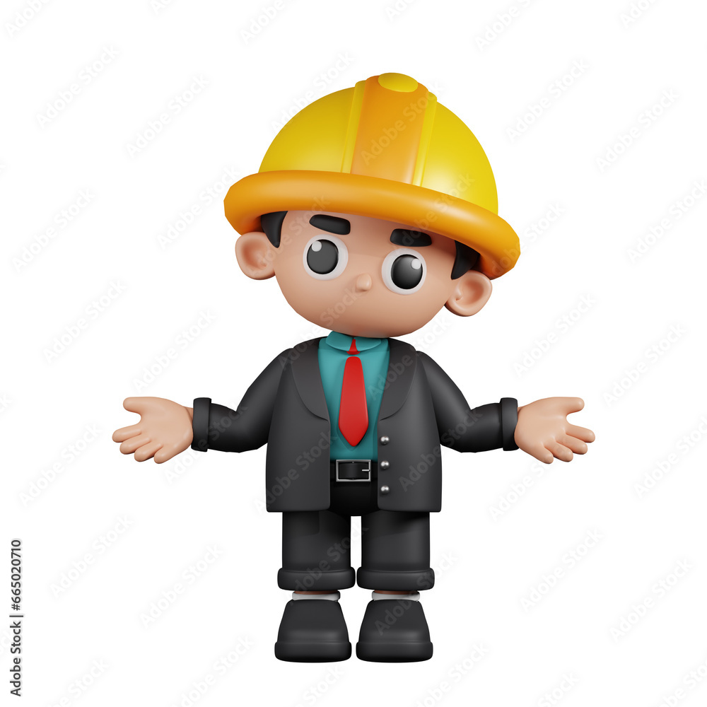 3d Character Engineer Doing The No Idea Pose. 3d render isolated on transparent backdrop. 3d Character Engineer Doing The No Idea Pose. 3d render isolated on transparent backdrop.