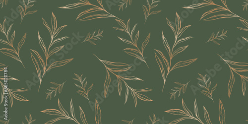 Seamless pattern with hand drawn  gold leaves and branches. Perfect for wallpaper, wrapping paper, web sites, background, social media, blog, presentation and greeting cards.	