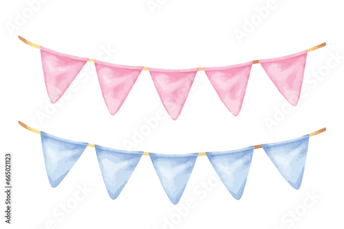 Garland vector illustration. Hand drawn clip art of pennant on isolated background. Watercolor drawing of pink and blue party flags. Painting of festoon in pastel colors. Sketch of birthday bunting