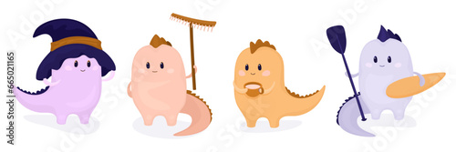 A set of four cartoon dragons in beige, pale purple, grey-blue and yellow for different activities