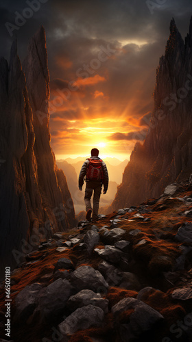 Back view of a man is walking forward on top of rocky mountain at sunset 