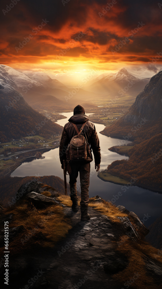 A man is walking forward, back view of a mountaineer man watching mountain and lake view at sunset