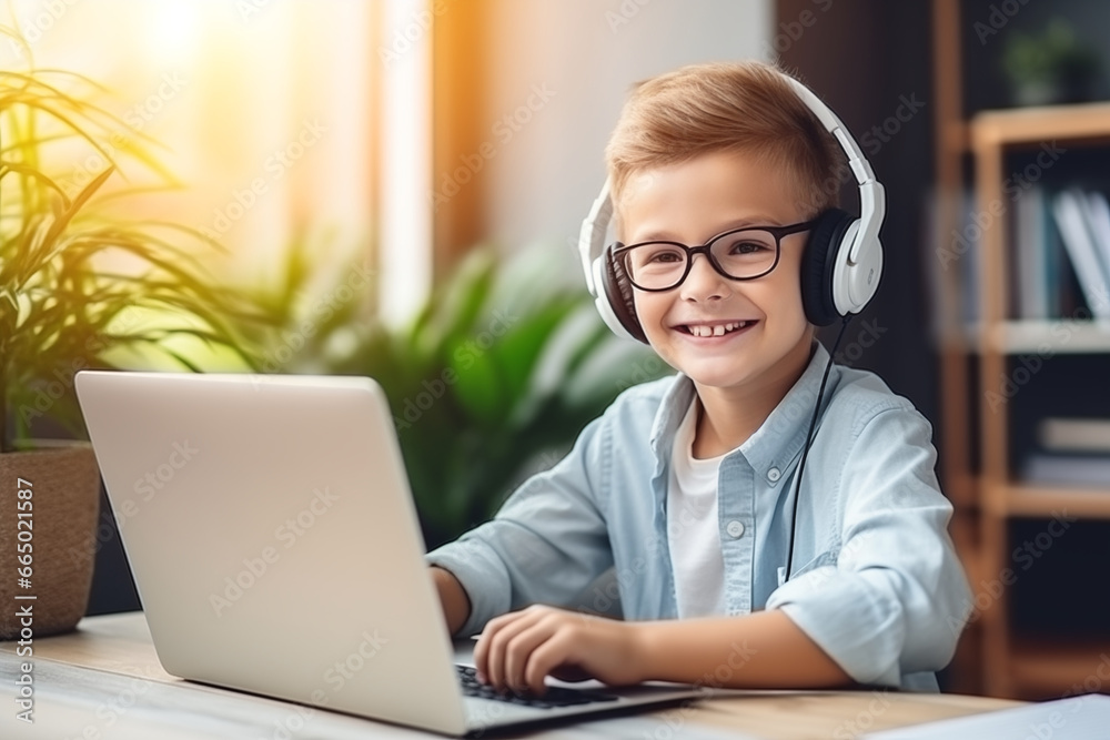 Smiling little boy in headphones have video call distant class with teacher using laptop Smiling little boy in headphones have video call distant class with teacher using laptop