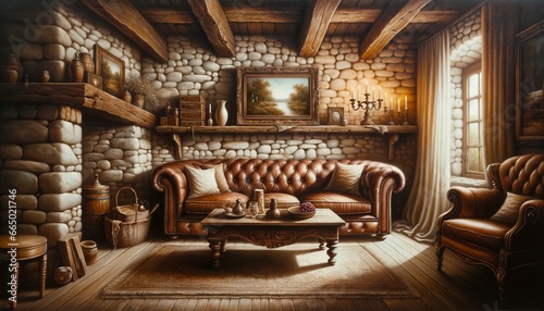 Rustic Renaissance Living Room with Leather Sofa