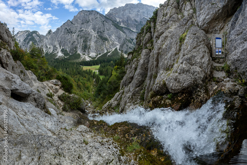 Spring of River Nadiza and famous hiking destination Slemenova peak in Julian Alps in Slovenia