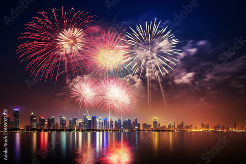 A far away spectacular fireworks display lighting up the night sky over city skyline, captures the excitement and celebration of a special event with the vibrant colors and patterns 