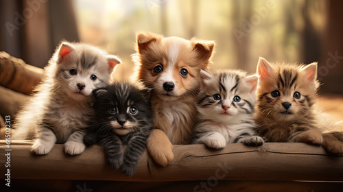 Puppies and little kittens on a sofa in a living room photo
