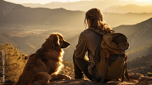 back view on a traveler, woman with a backpack and her dog