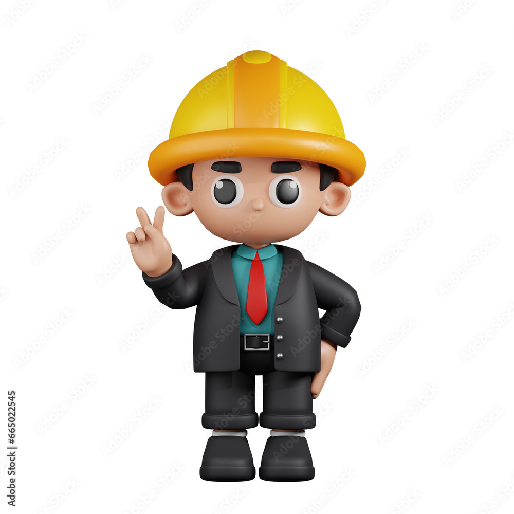 3d Character Engineer Showing Peace Sign Pose. 3d render isolated on transparent backdrop. 3d Character Engineer Showing Peace Sign Pose. 3d render isolated on transparent backdrop.