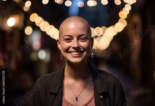 A bald shaved head Caucasian woman in casual clothes standing outdoor at evening smile with content photo