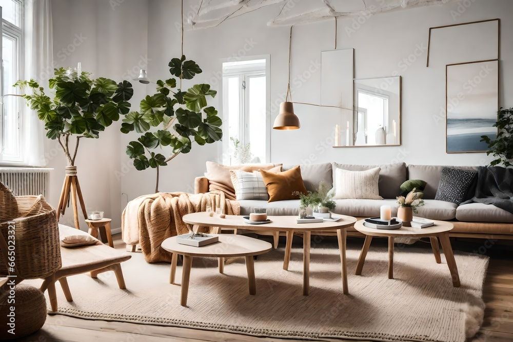  a nature-inspired living room with natural wood accents, indoor plants