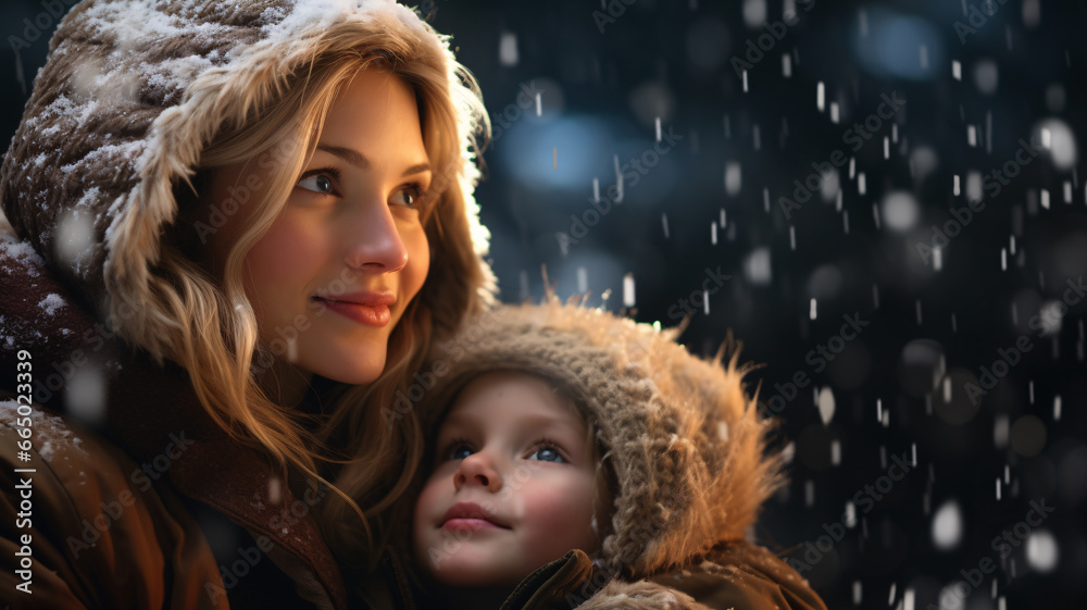 A young boy with mum watches in wonder at the first snowfall of the season their faces glowing with enchantment A young boy with mum watches in wonder at the first snowfall of the season their faces glowing with enchantment