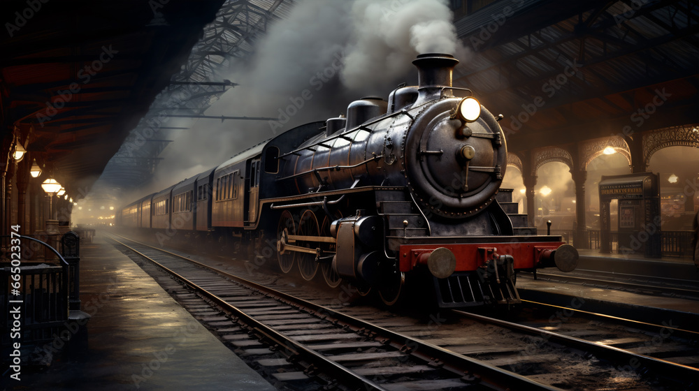 From the nostalgic railway station, a steam-powered locomotive begins its trip.. - obrazy, fototapety, plakaty 