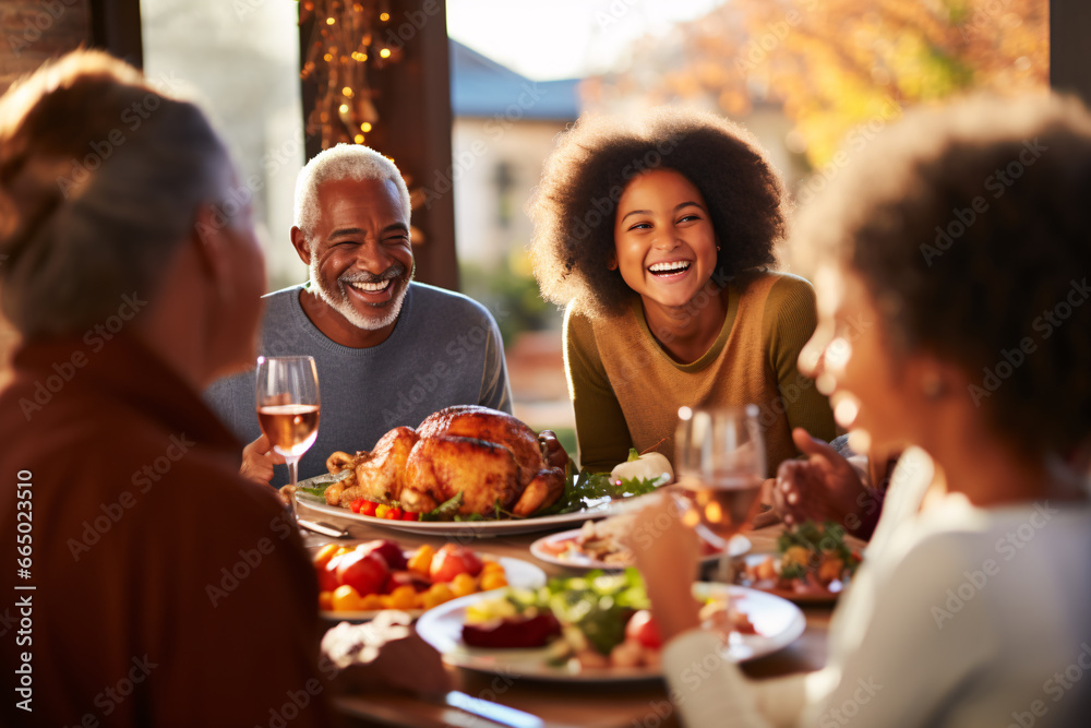 A multi generational and racial family having a traditional Thanksgiving dinner talking and sharing food with happy and grateful for the meal, a large full turkey in the centerpiece of the table - obrazy, fototapety, plakaty 