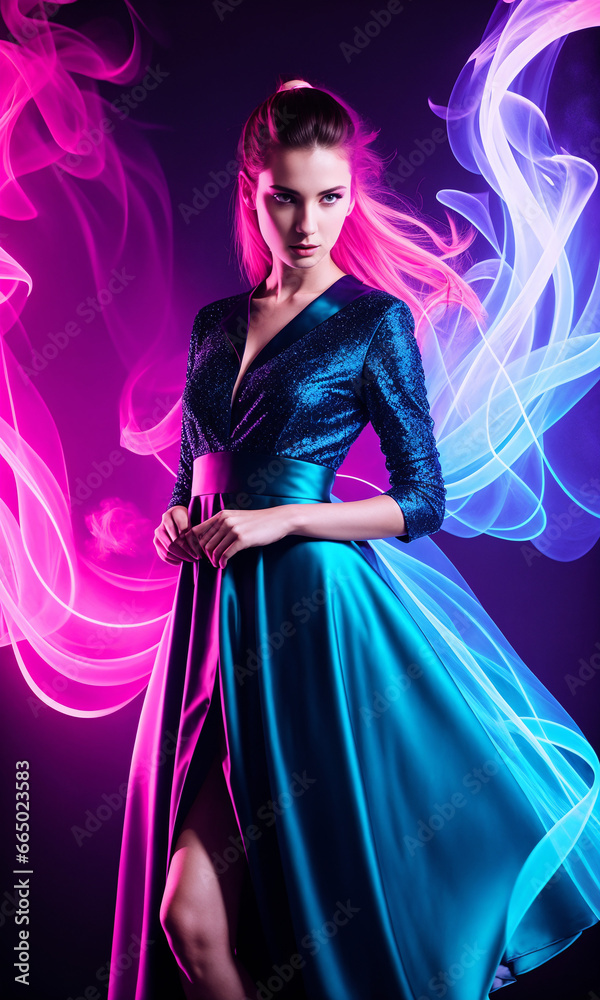 Girl in a blue dress, neon light, haze Girl in a blue dress, neon light, haze