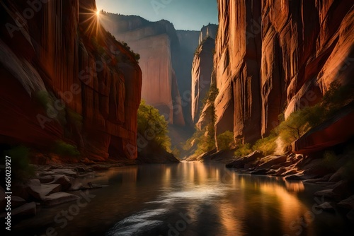 A tranquil  hidden canyon with towering  vertical walls and a narrow river carving its way through the rock formations  bathed in the soft light of dawn.