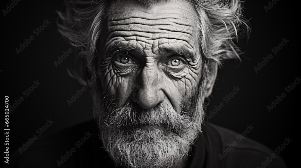 A striking monochrome portrait depicting the sentiments of an elderly individual, perfect for highlighting life lessons, knowledge, or senescence-related ideas in social media posts or content.