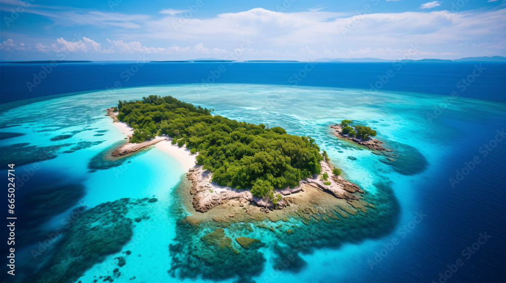 A beautiful bird's-eye view of a tropical realm with limpid azure seas and ivory shorelines.