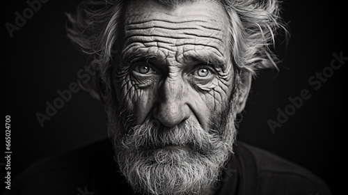 A striking monochrome portrait depicting the sentiments of an elderly individual  perfect for highlighting life lessons  knowledge  or senescence-related ideas in social media posts or content.