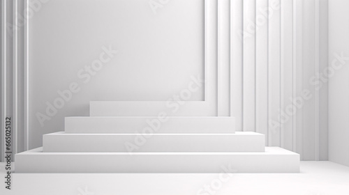 A 3D stair showcase with a front stand background presents a modern design concept.