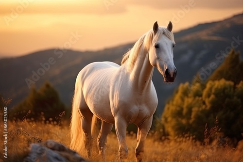 White horse or mare in the mountains at sunset. © MKhalid