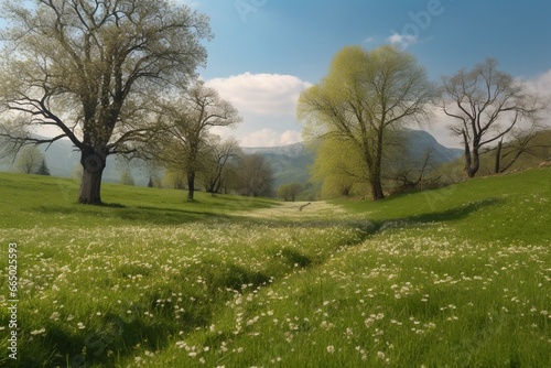 Isolated meadow in spring. Generative AI