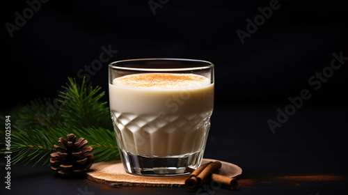 Festive, frothy eggnog delightfully spiced with cinnamon, served in a glass adorned with fir tree branches on a dark backdrop.