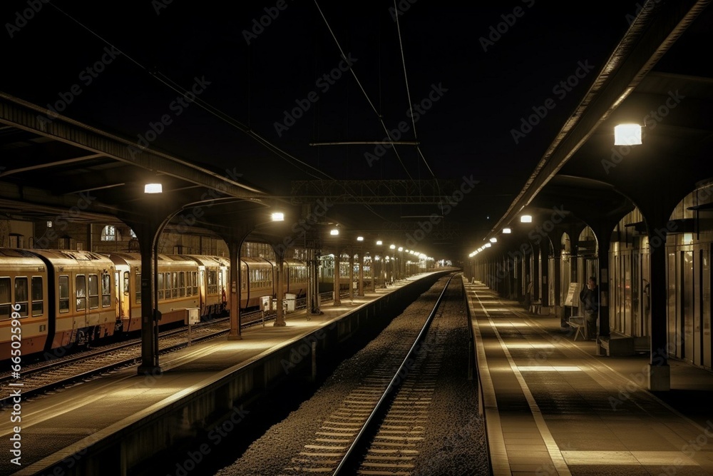 Train station at night. Generative AI