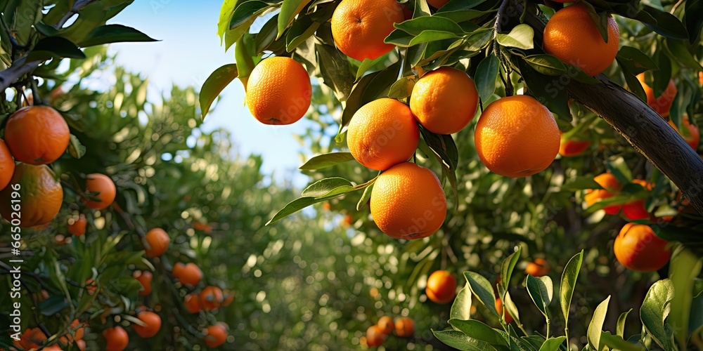 Bountiful harvest. Fresh oranges glistening in sun. Citrus delight. Ripe tangerines on farm. Nature bounty. Juicy orange on sunny day. Orchard serenity. Beauty of spring