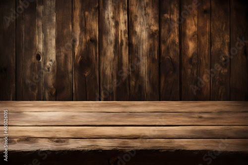 Grunge vintage wooden board table in front of old wooden background. Ready for product display montages. © Jasmeen