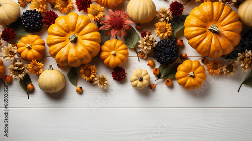 A festive autumn composition of pumpkins, berries, & leaves on a white wood backdrop, ideal for Thanksgiving or Halloween, with plenty of open space.