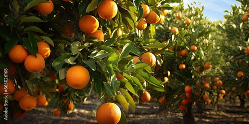 Bountiful harvest. Fresh oranges glistening in sun. Citrus delight. Ripe tangerines on farm. Nature bounty. Juicy orange on sunny day. Orchard serenity. Beauty of spring photo