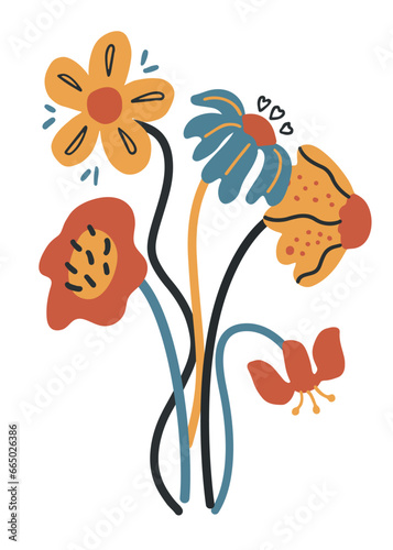 Cartoon 70s groovy floral poster composition. Naive retro botanical elements, hand drawn decorative flowers and leaves.