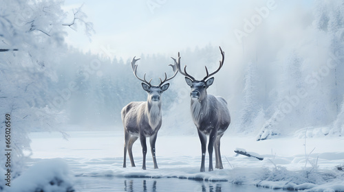 reindeers in a snowy winter wonderland landscape