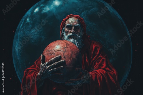 Portrait of a pagan god with long white beard in a red robe holding a red globe against the background of the planet.