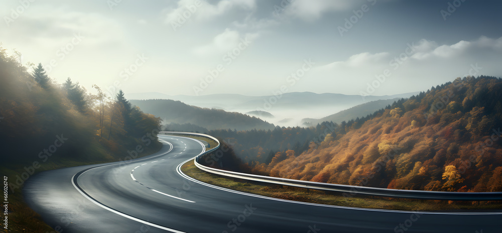 road in autumn fall with mountains landscape