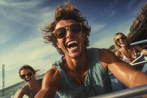 Young man and two woman laughing in speedboat enjoying summer on sunny day. Generative ai art.