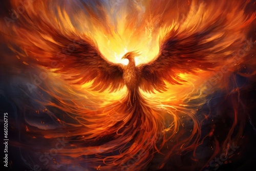 A phoenix rising from mystical flames. photo