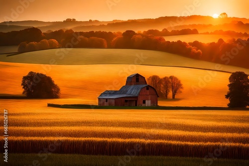 A serene, rolling farmland at twilight, with gently swaying wheat fields and a barn nestled under the warm, orange glow of the setting sun.
