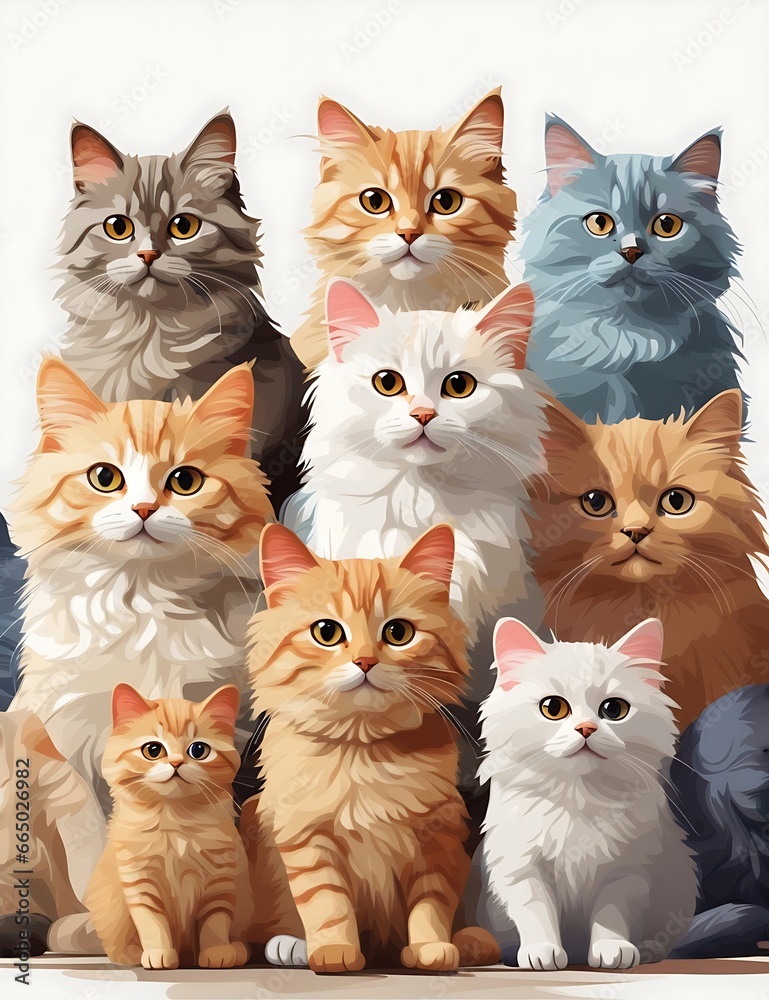 a group of Cat separately sitting next to each other on top of a white background with a Cat's fa