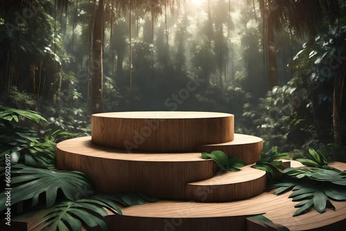 Wooden podium in tropical forest for product presentation © Jasmeen