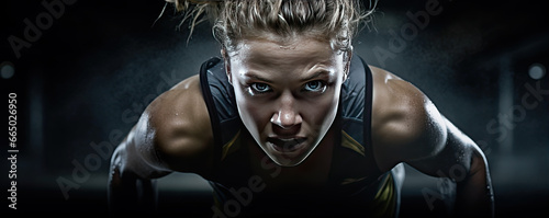 Female athlete or sprinter run in fron of camera. black background