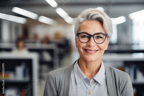 Vivacious matured business woman on glasses with a lovely warm friendly smile relaxing leaning against an interior pillar at the office with proud grinning at the camera