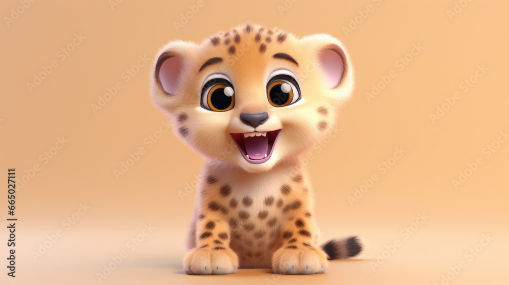 Realistic 3d render of a happy,  furry and cute baby Cheetah smiling with big eyes looking strainght